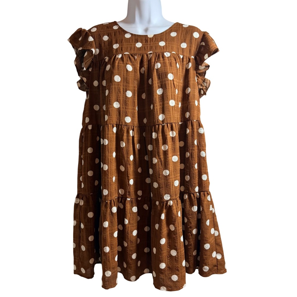 Altar'd State Brown Polka Dot Tiered Babydoll Dress Ruffle Sleeve Women Medium